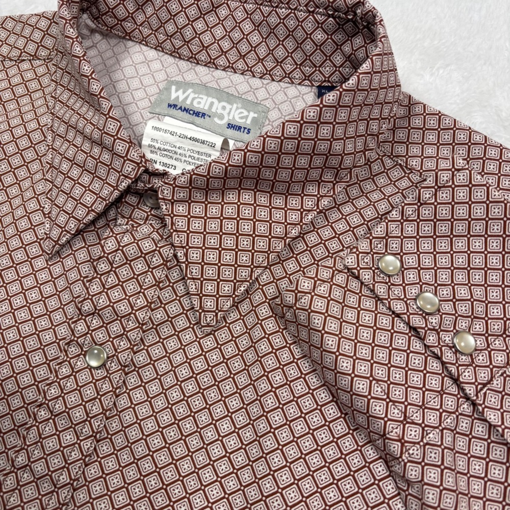 Wrangler Wrancher Shirt Men XL Brown Geometric Pearl Snap Western‎ Cowboy Rodeo